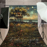 Aperturee - Aperturee Moon Starry Sky Tree House Grassland Sweep Backdrop
